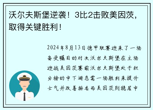 沃尔夫斯堡逆袭！3比2击败美因茨，取得关键胜利！