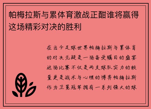 帕梅拉斯与累体育激战正酣谁将赢得这场精彩对决的胜利