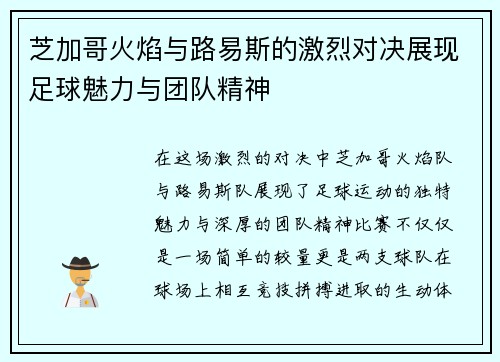 芝加哥火焰与路易斯的激烈对决展现足球魅力与团队精神