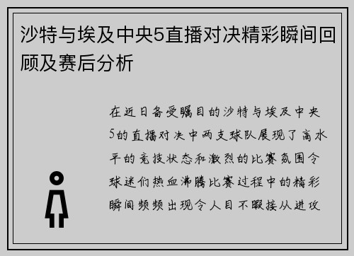 沙特与埃及中央5直播对决精彩瞬间回顾及赛后分析