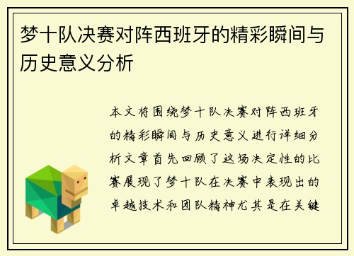 梦十队决赛对阵西班牙的精彩瞬间与历史意义分析