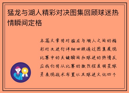 猛龙与湖人精彩对决图集回顾球迷热情瞬间定格