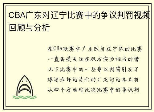 CBA广东对辽宁比赛中的争议判罚视频回顾与分析