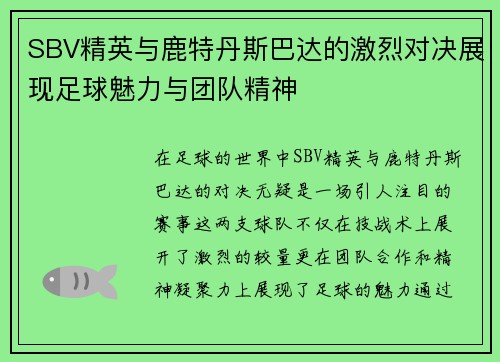 SBV精英与鹿特丹斯巴达的激烈对决展现足球魅力与团队精神