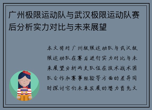 广州极限运动队与武汉极限运动队赛后分析实力对比与未来展望