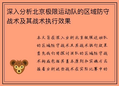 深入分析北京极限运动队的区域防守战术及其战术执行效果