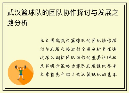 武汉篮球队的团队协作探讨与发展之路分析